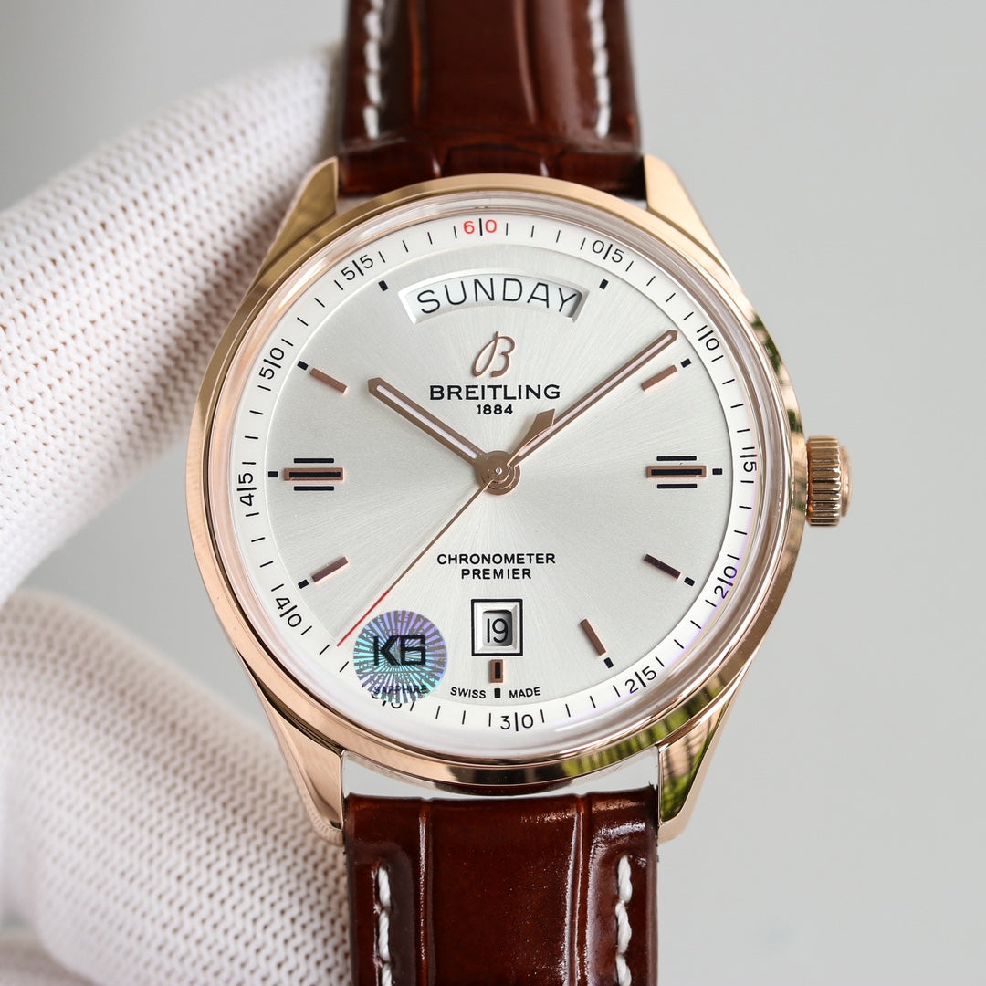PREMIER DAY DATE 40 STAINLESS STEEL LEATHER STRAP