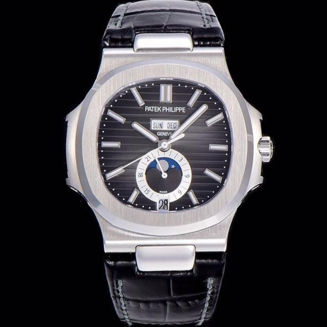 PATEK NAUTILUS MOONPHASE ANNUAL CALENDAR BLACK DIAL LEATHER