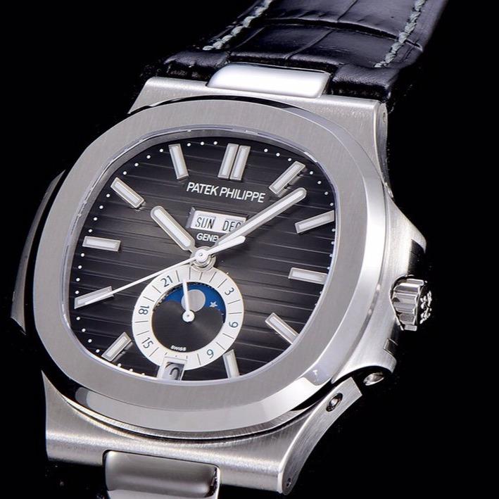 PATEK NAUTILUS MOONPHASE ANNUAL CALENDAR BLACK DIAL LEATHER