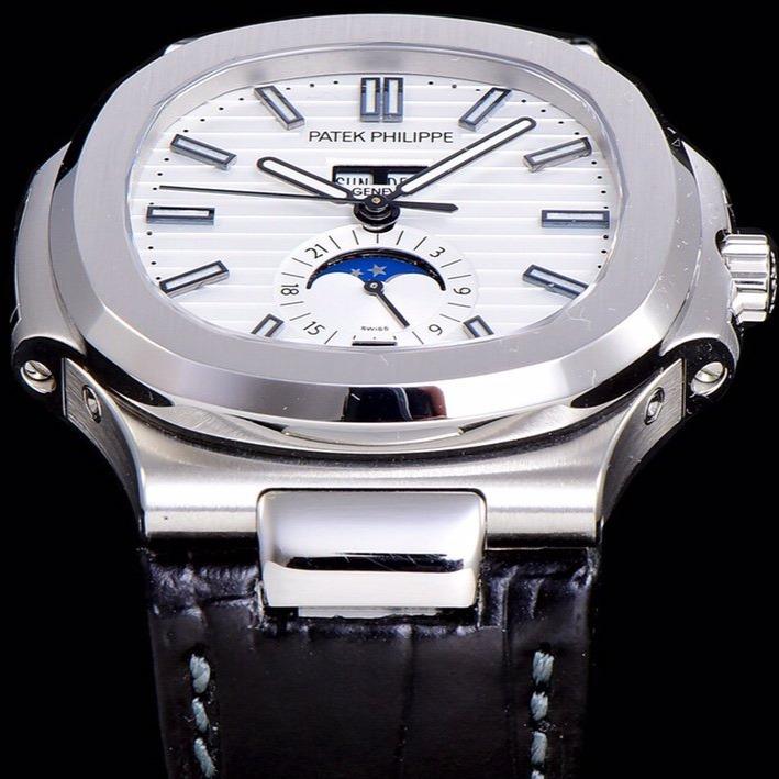 PATEK NAUTILUS MOONPHASE ANNUAL CALENDAR WHITE DIAL LEATHER