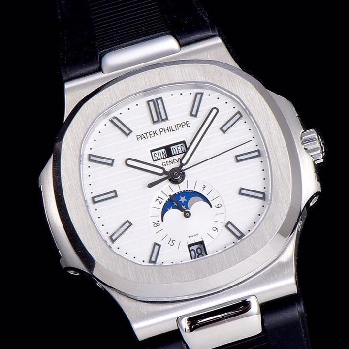 PATEK NAUTILUS MOONPHASE ANNUAL CALENDAR WHITE DIAL RUBBER