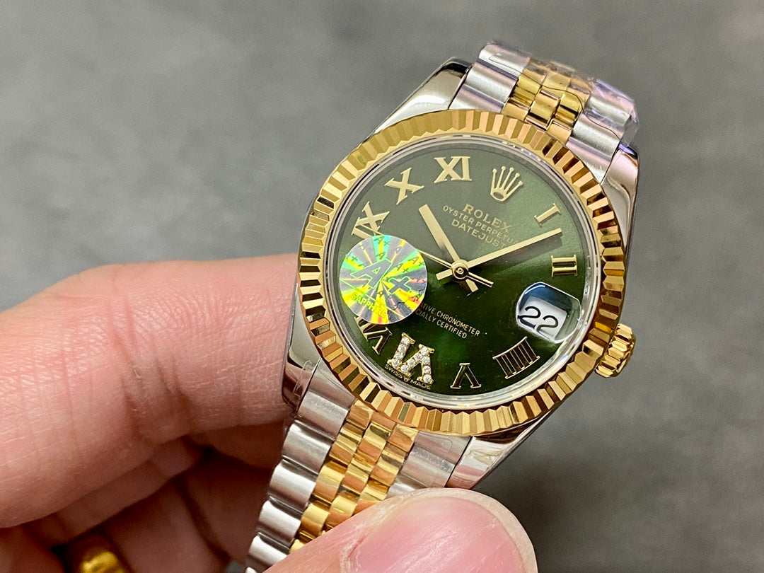 DATEJUST 31MM GOLD STEEL DIAMOND NUMERALS GREEN DIAL