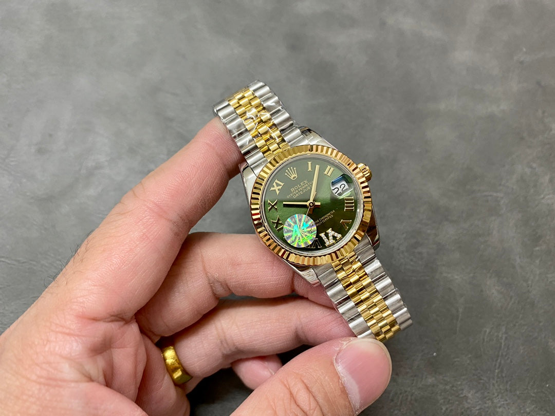 DATEJUST 31MM GOLD STEEL DIAMOND NUMERALS GREEN DIAL