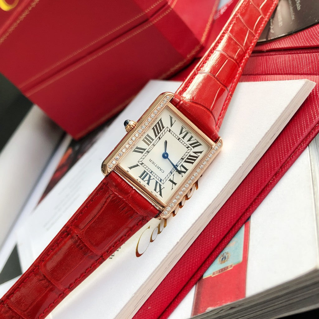 TANK SOLO PINK GOLD DIAMOND BEZEL RED LEATHER