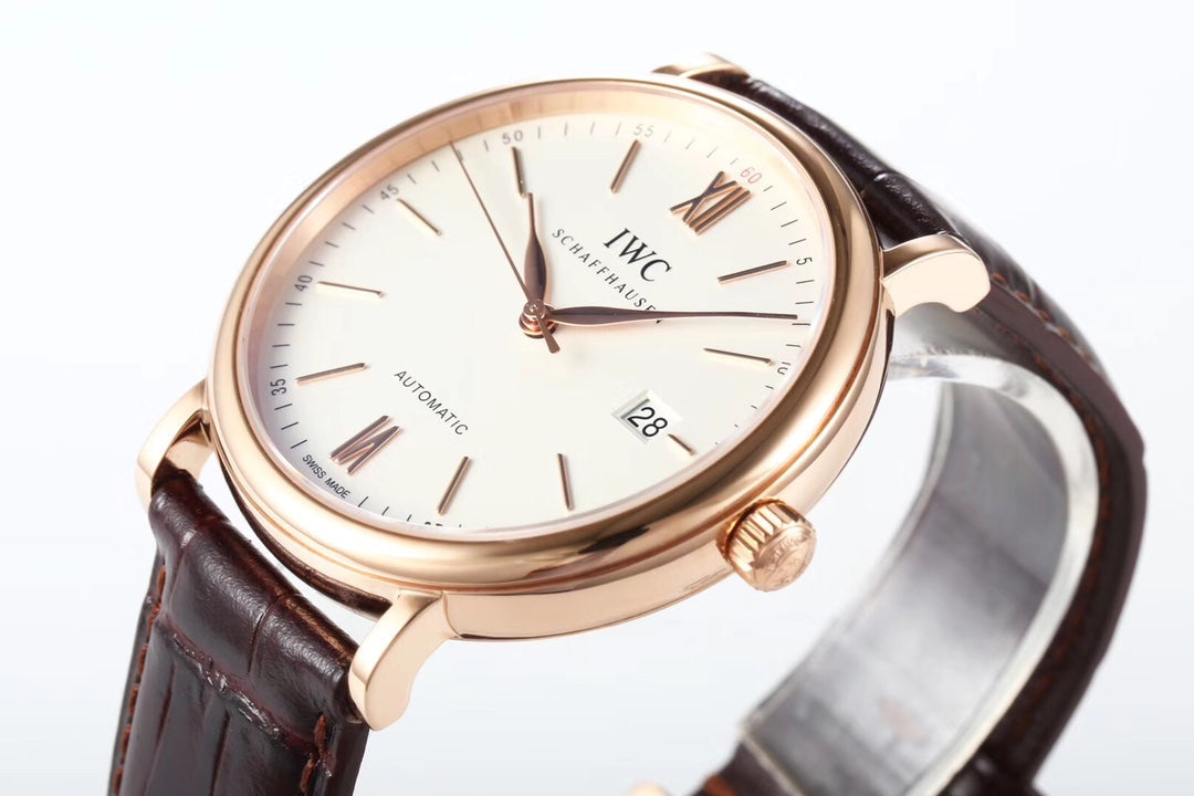 IWC Portofino 40mm White Dial Pink Gold Case Brown Crocodile Leather