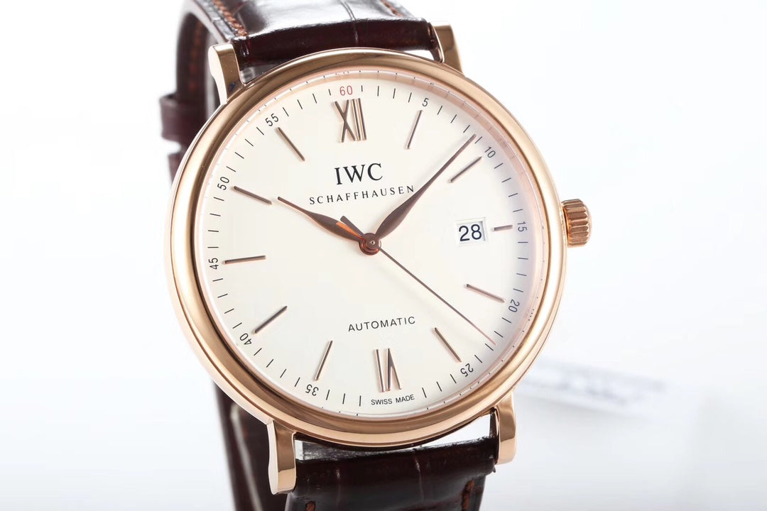 IWC Portofino 40mm White Dial Pink Gold Case Brown Crocodile Leather