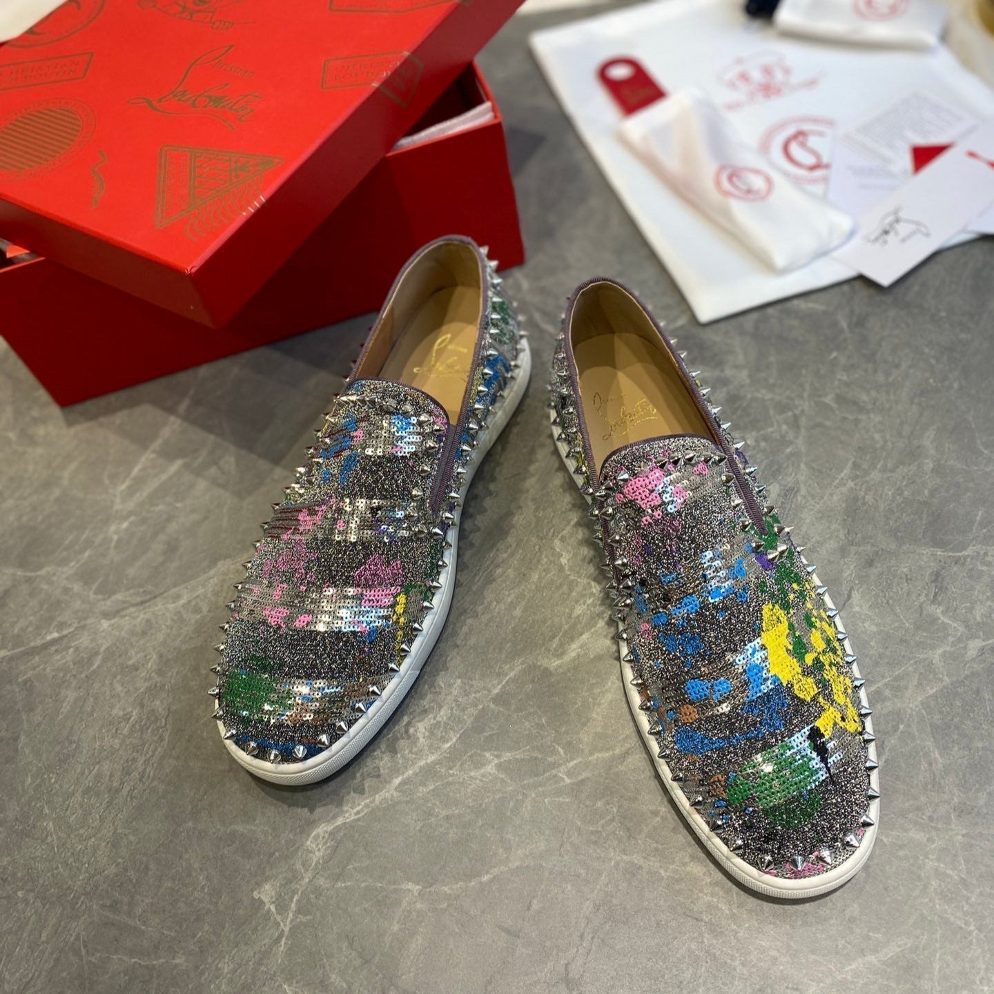 CL Loafers Multicolor Fabric and Spikes 242382