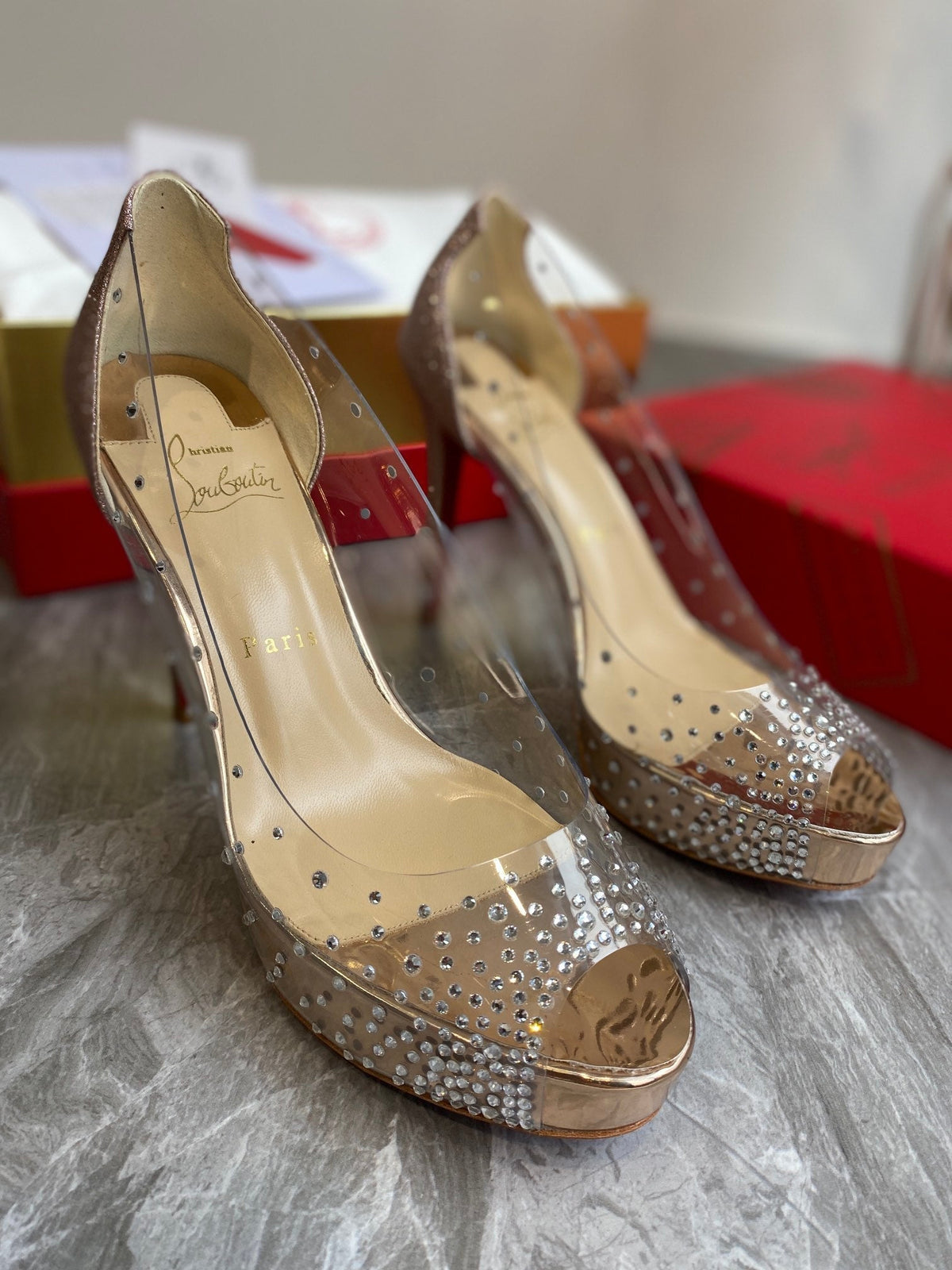 CL Very Strass Peep Toe Pumps 100mm PVC and Glitter Gold