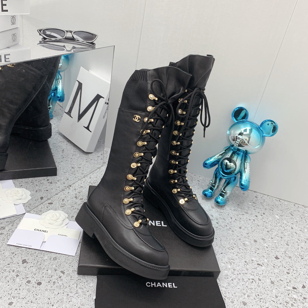 Chanel 2026 Knit Lace Up Combat Boots Black Calfskin 162215