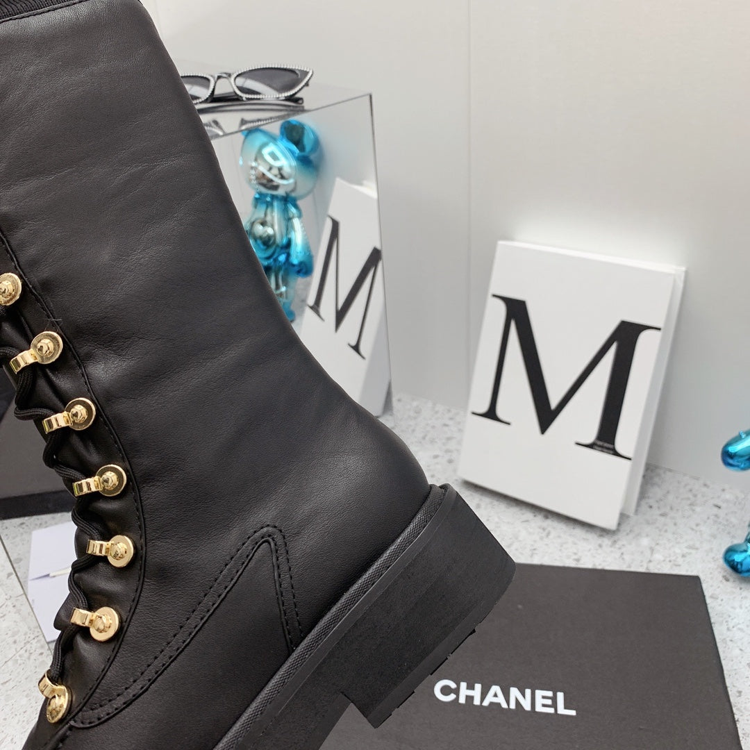 Chanel 2026 Knit Lace Up Combat Boots Black Calfskin 162215