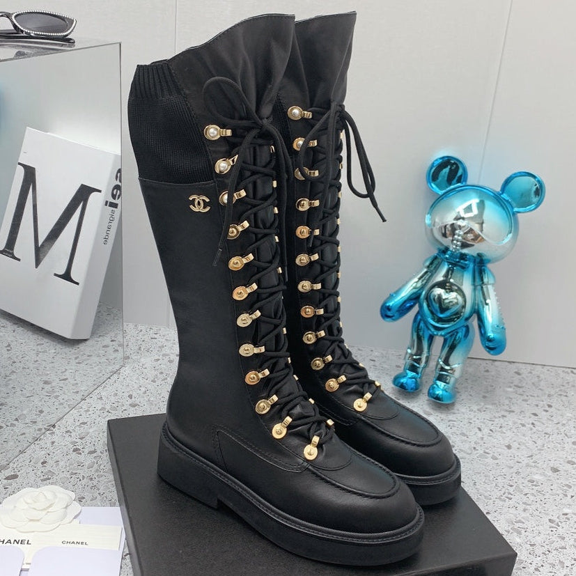 Chanel 2026 Knit Lace Up Combat Boots Black Calfskin 162215