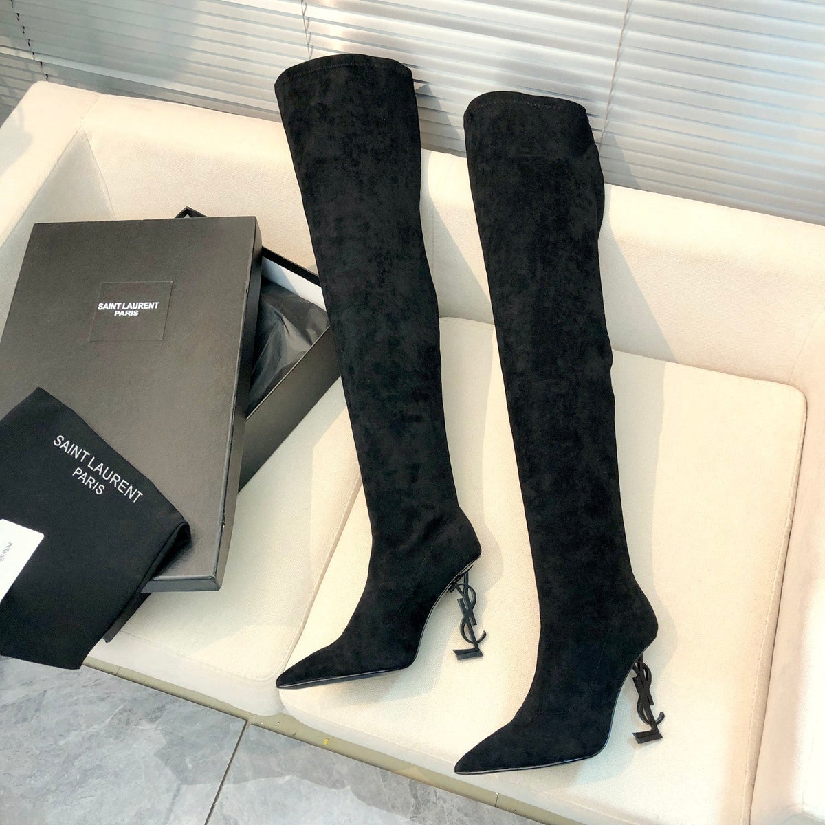 OPYUM THIGH HIGH BOOTS IN BLACK VELVET