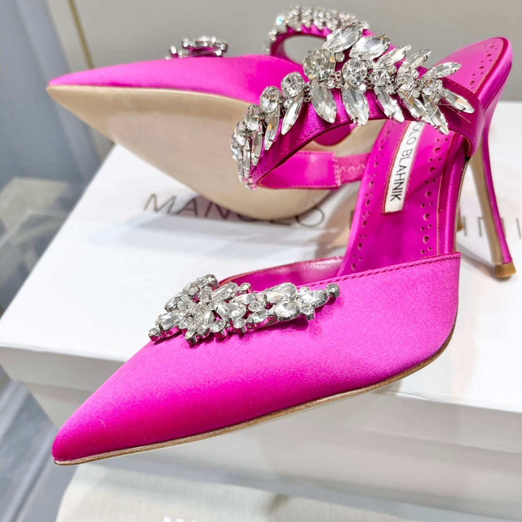Manolo Mules Crystal Dark Pink Silk Satin 219382