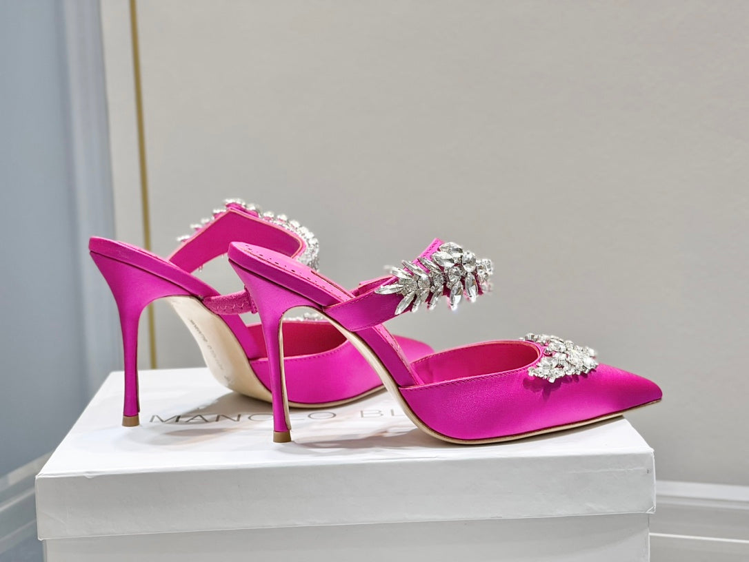 Manolo Mules Crystal Dark Pink Silk Satin 219382