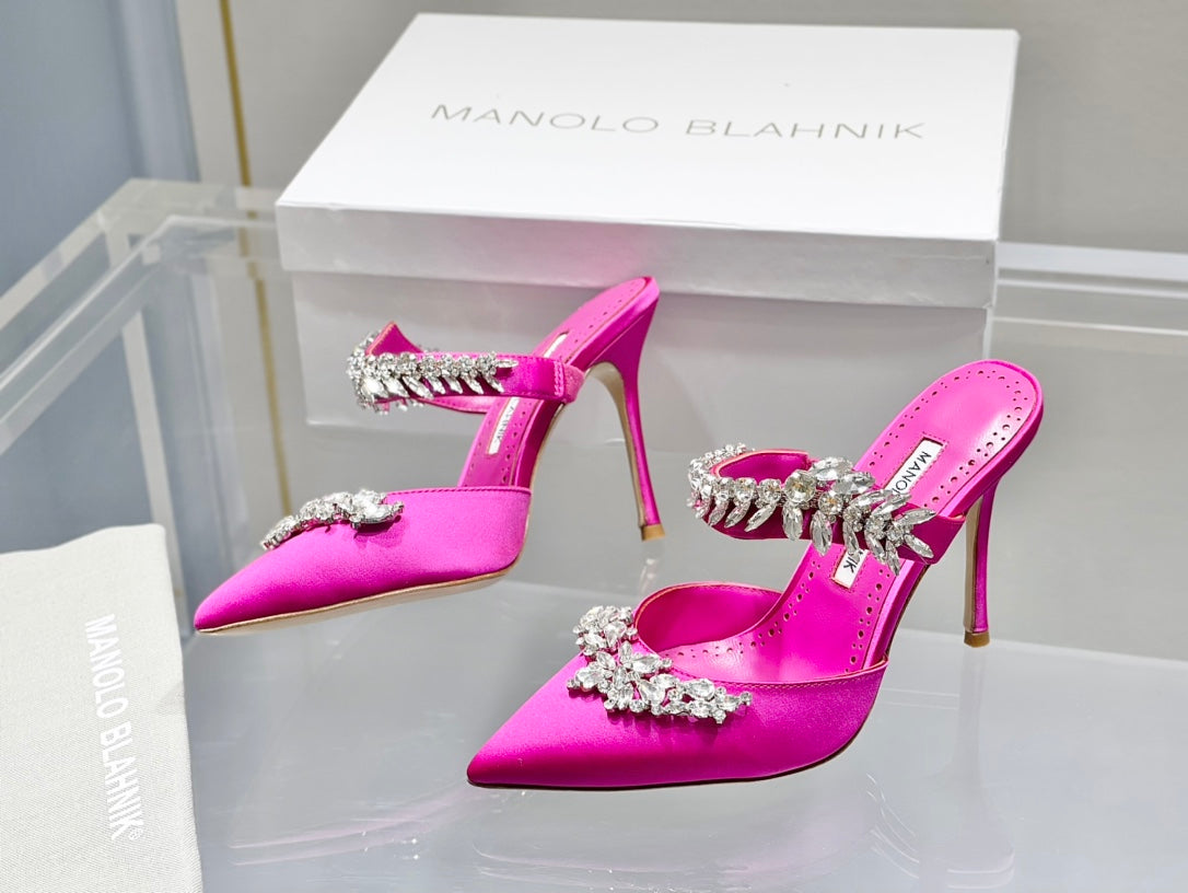 Manolo Mules Crystal Dark Pink Silk Satin 219382