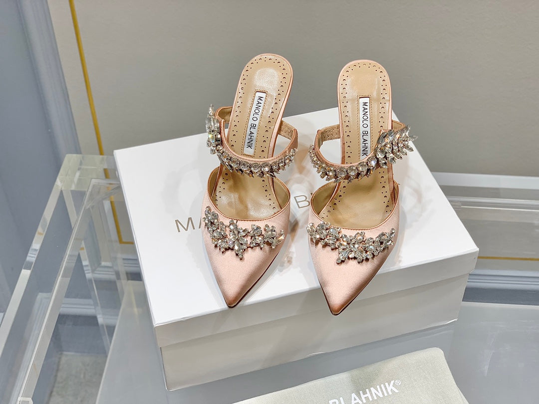 Manolo Mules Crystal Pink Silk Satin 219386