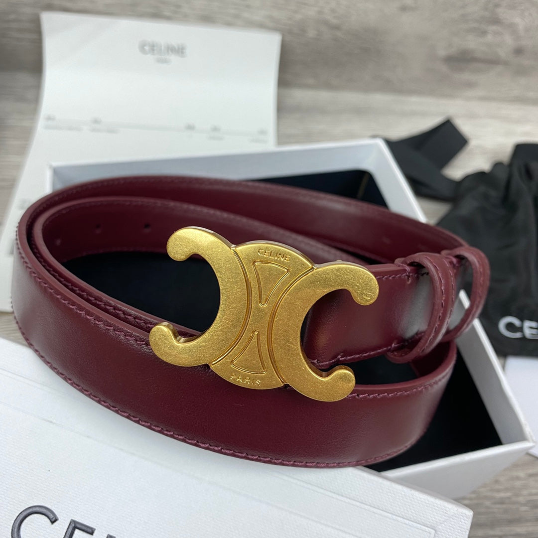 CL MEDIUM 25 MM TRIOMPHE BELT IN WINE RED LEATHER GOLD HARDWARE