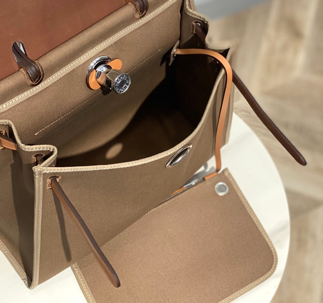 Herbag 31 Toile Brown Canvas Gold Cowhide Leather