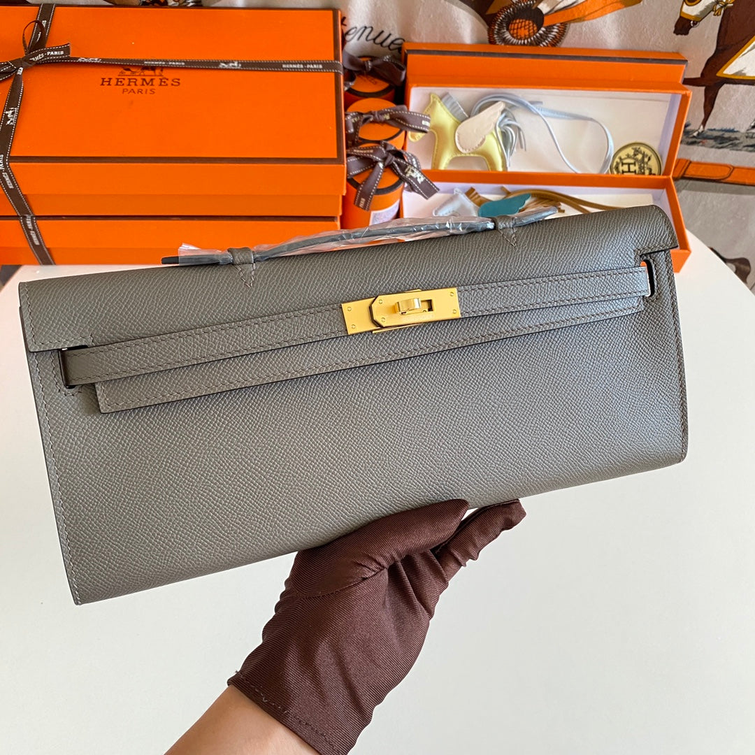 HM Kelly Cut 31 Fossil Gray Epsom Leather Gold Hardware 229052