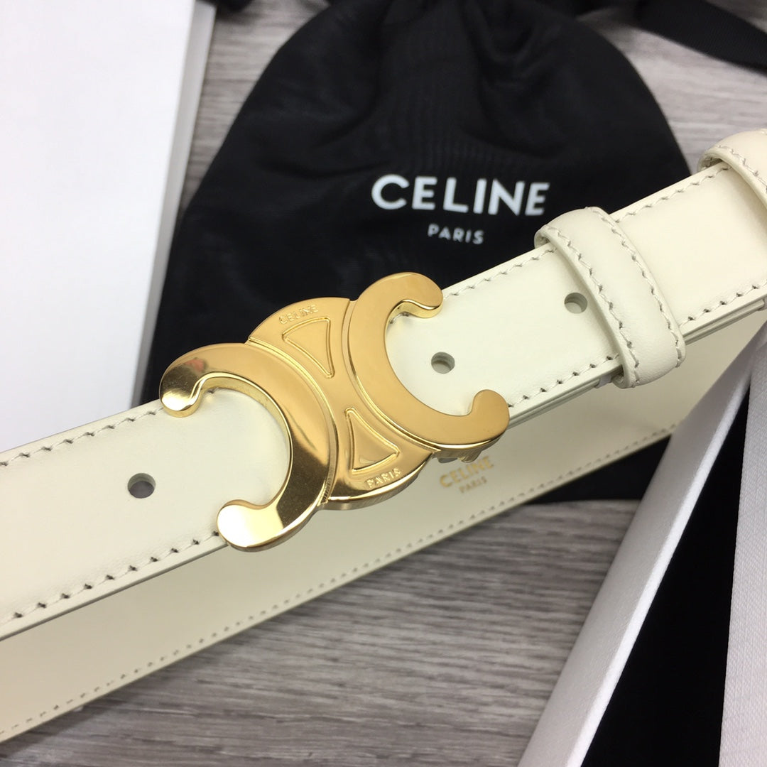 CL MEDIUM 25 MM TRIOMPHE BELT IN WHITE LEATHER GOLD HARDWARE