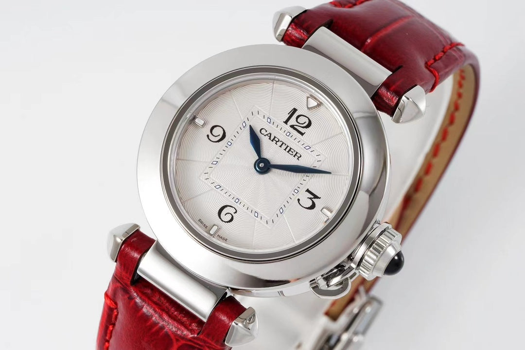 pasha 30mm quartz stainless steel white dial red leather