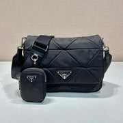 MEDIUM FLAP BAG 24 IN BLACK TRIANGULAR QUILTED PATTERN RE-NYLON