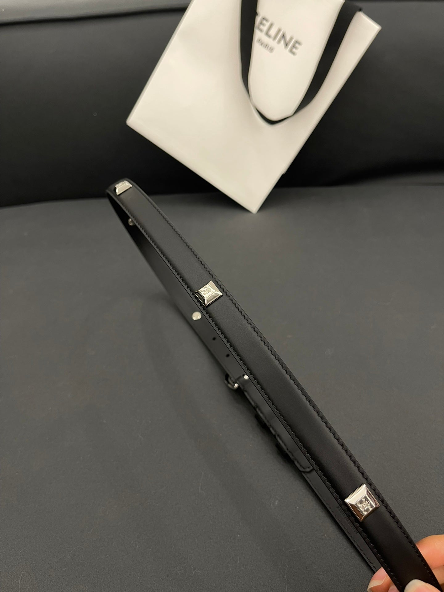 CL SMALL 18 MM TRIOMPHE BELT IN TAURILLON BLACK LEATHER SILVER HARDWARE