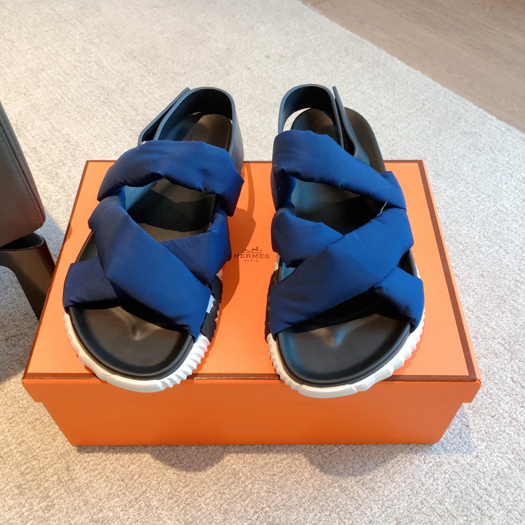 HM ELECTRIC SANDAL COBALT FABRIC AND CALFSKIN