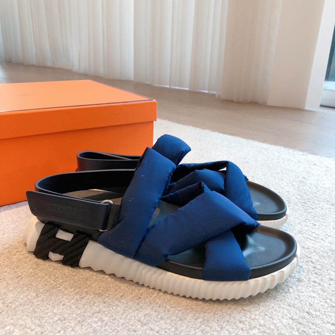 HM ELECTRIC SANDAL COBALT FABRIC AND CALFSKIN