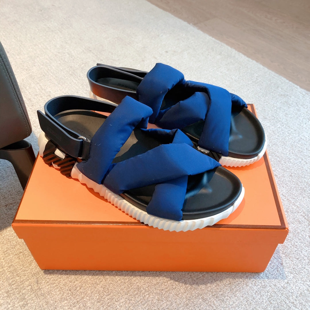 HM ELECTRIC SANDAL COBALT FABRIC AND CALFSKIN