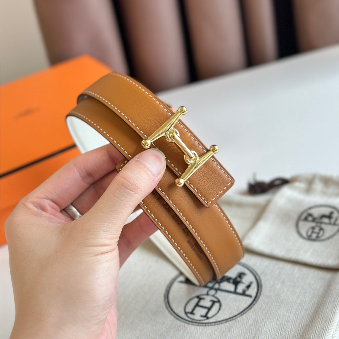 HM Gold Mors H buckle & Reversible 24 mm belt Brown White leather 125364