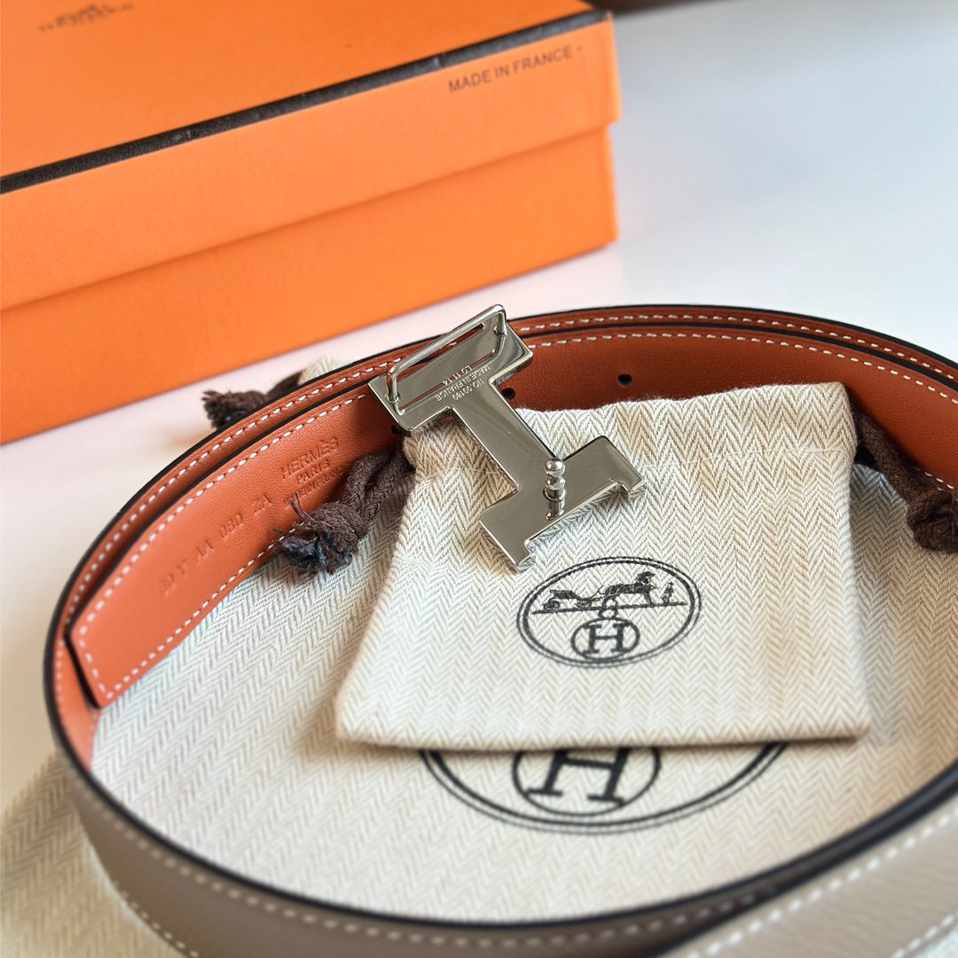 HM Silver Constance & Reverible Belt Brown Etoupe Leather 125372