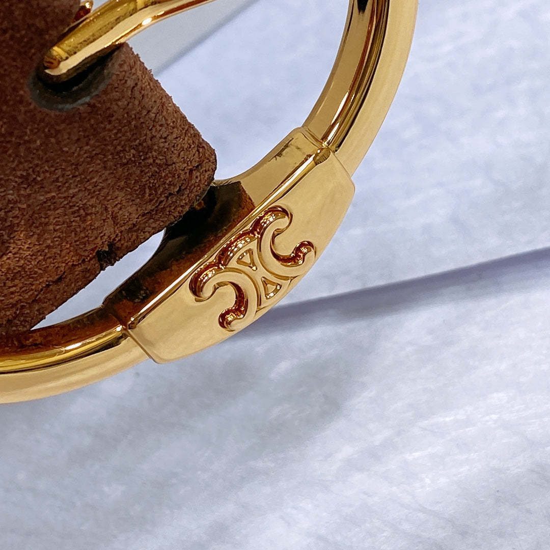 CL LARGE 35MM TWIN TRIOMPHE BELT IN CHOCOLATE BROWN SUEDE GOLD HARDWARE