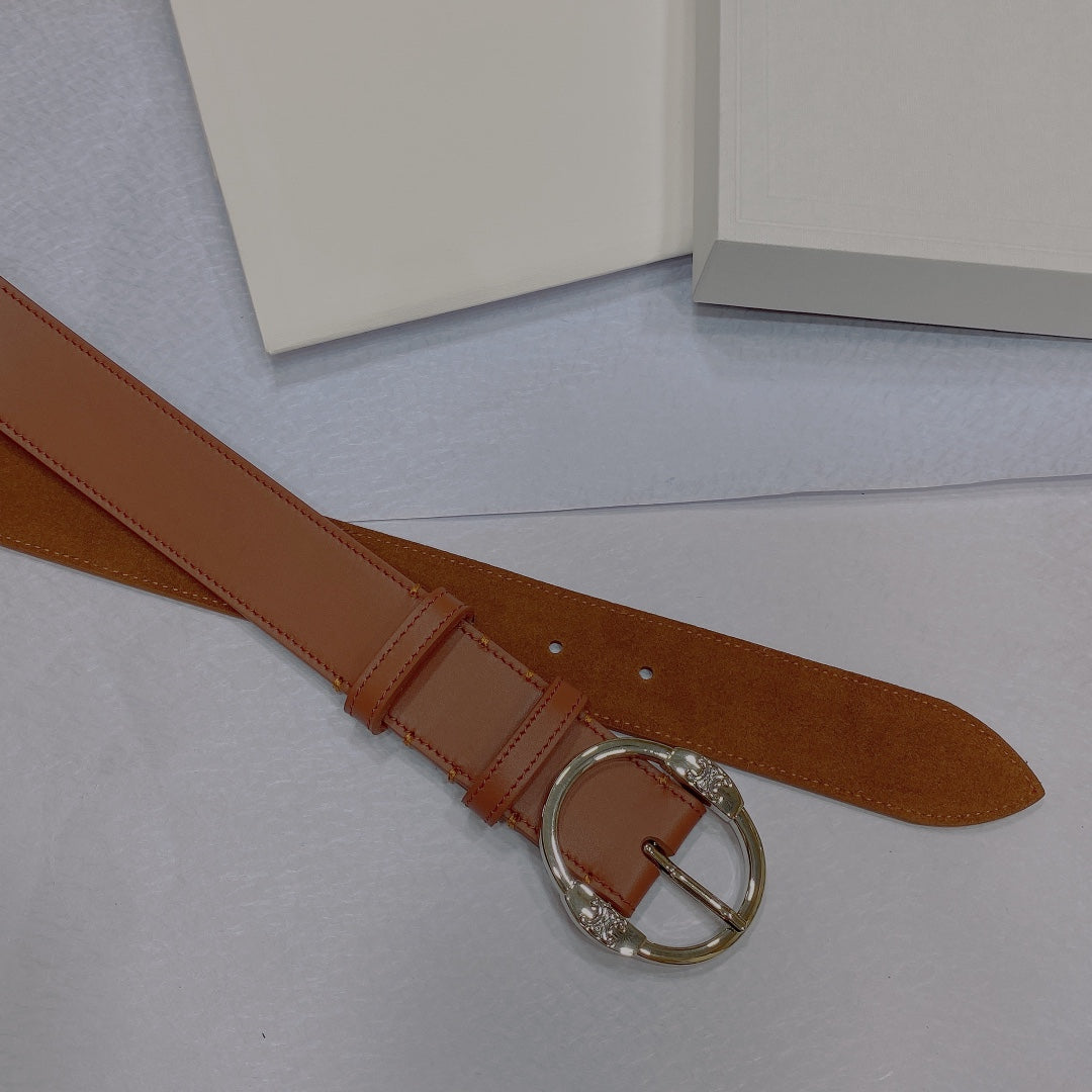 CL LARGE 35MM TWIN TRIOMPHE BELT IN BRONZE BROWN CALFSKIN SILVER HARDWARE