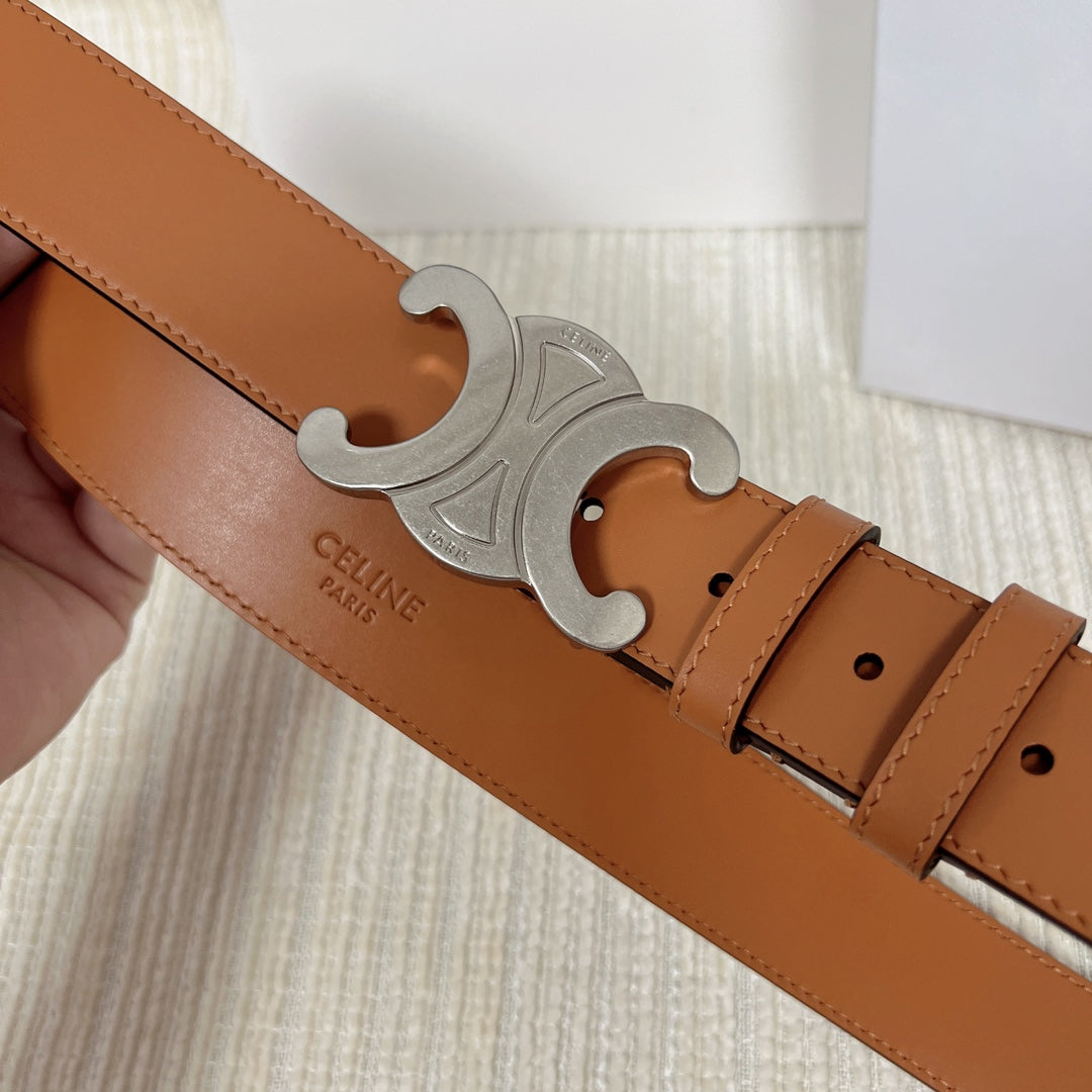 Medium Triomphe Belt 25mm Tan Calfskin Silver Finishing