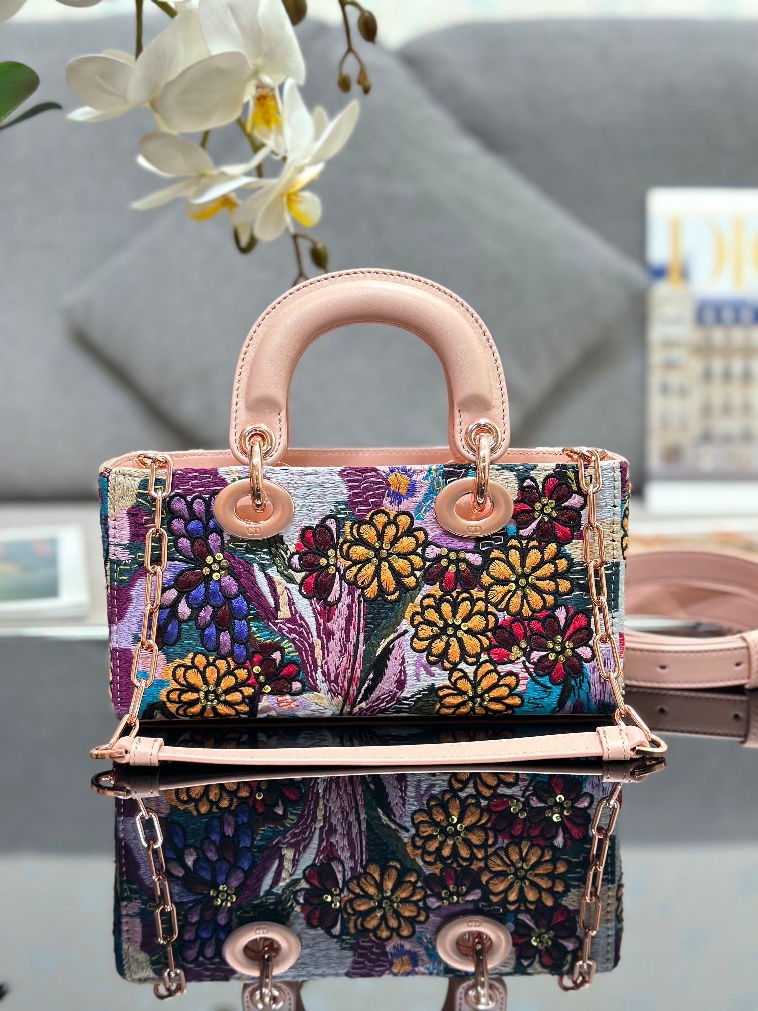 Dior 2026 Embroidered Floral Bag 22cm Pink Mix Colors Fabric Leather 158576