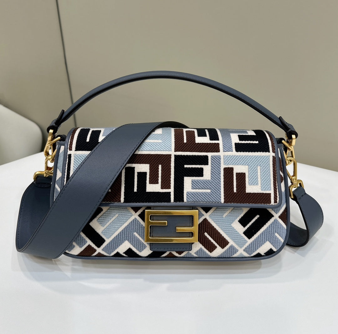BAGUETTE CANVAS 27 BAG BLACK STRAP WITH MULTICOLOUR EMBROIDERY GOLD HARDWARE