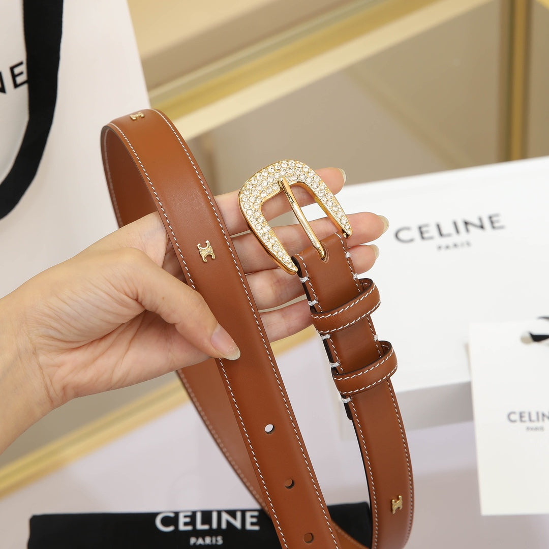 CL MEDIUM 25 MM MARCO BELT WITH STRASS IN BRONZE BROWN CALFSKIN GOLD HARDWARE