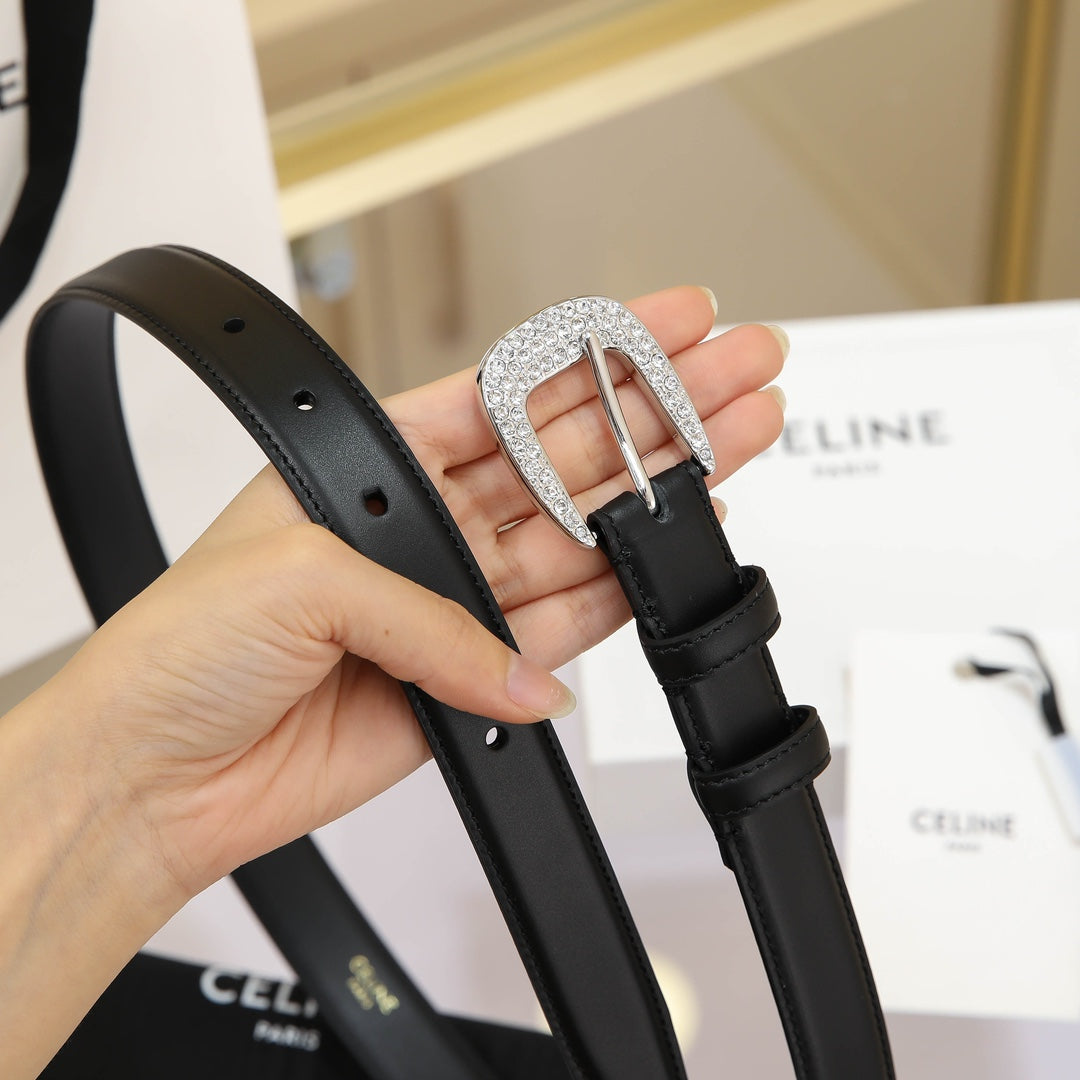 CL MEDIUM 25 MM MARCO BELT WITH STRASS IN BLACK CALFSKIN SILVER HARDWARE