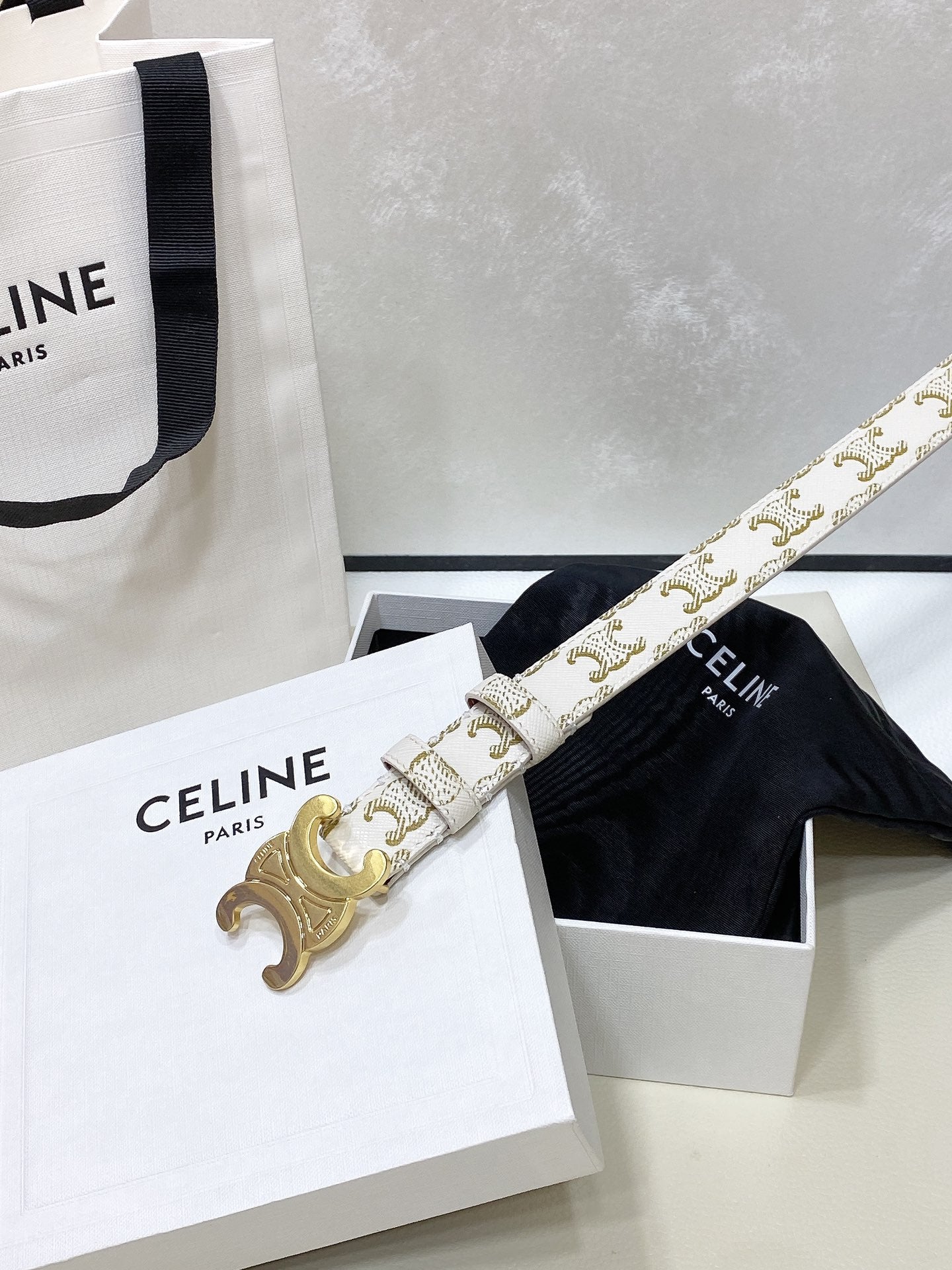 CEL Medium Triomphe Belt in Taurillon Monogram White Leather 175193