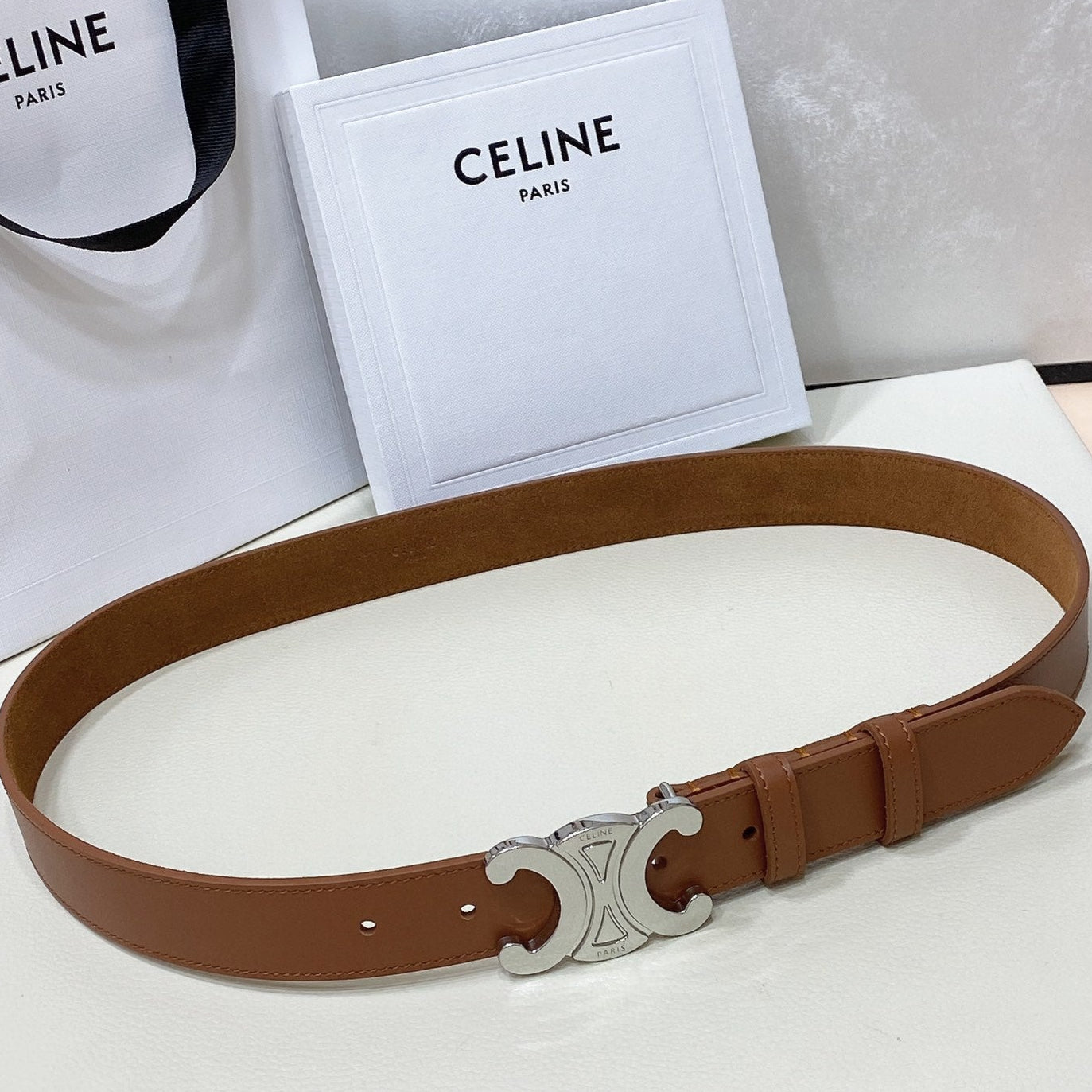 CEL Silver Buckle Belt 30mm Brown Calfskin 176407