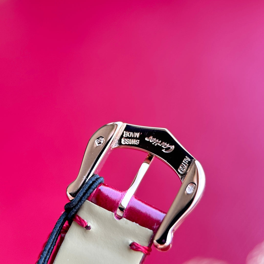 Baignoire 23mm Pink Gold Case Diamond Bezel Red Leather Strap