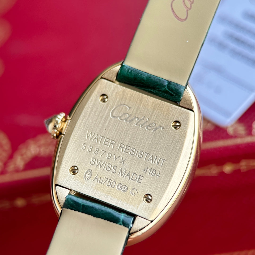 Baignoire 23mm Pink Gold Case Diamond Bezel Dark Green Leather Strap
