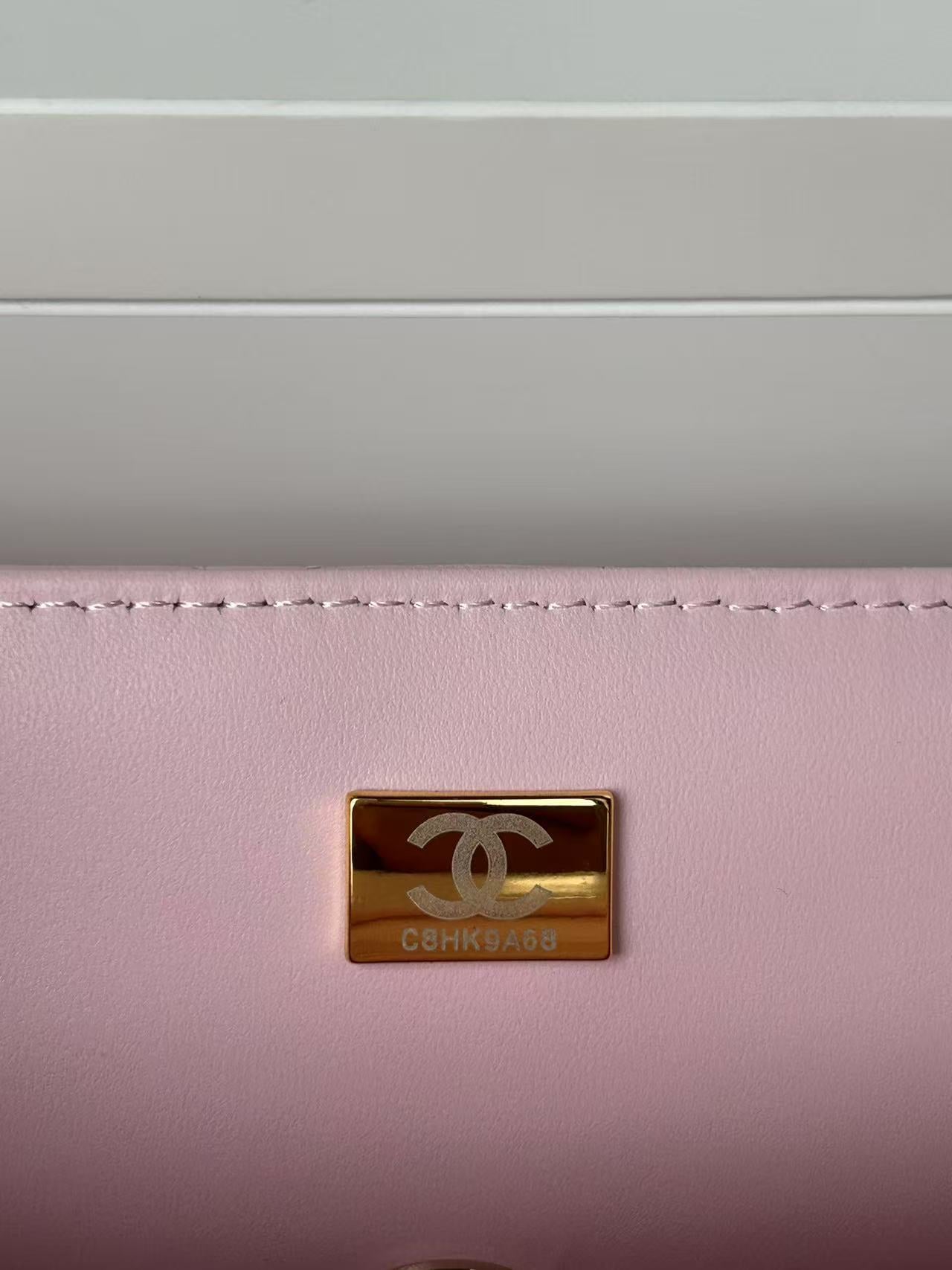 Chanel Mini Flap Bag Pink With Top Handle Lambskin Light Gold Hardware