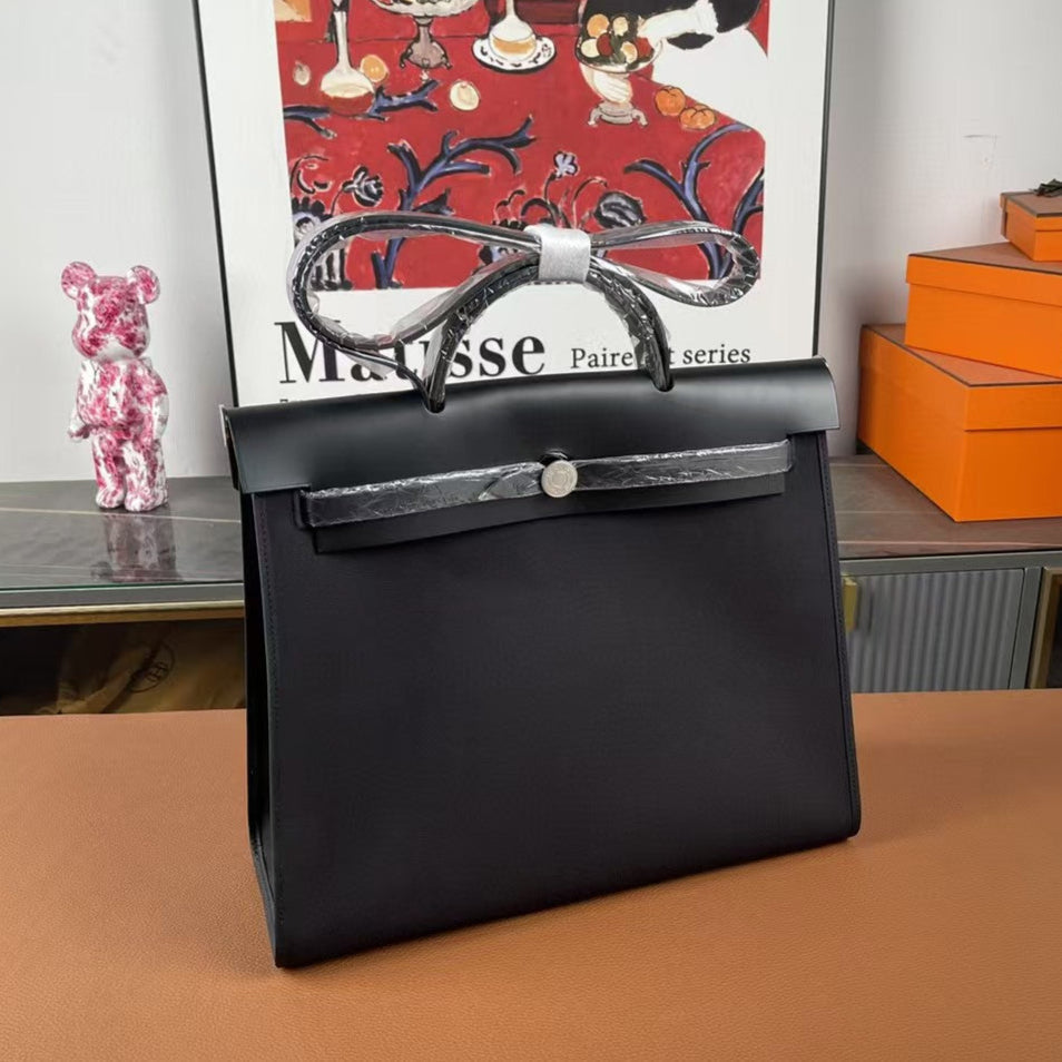 Herbag 39 Toile Black Canvas Black Cowhide Leather