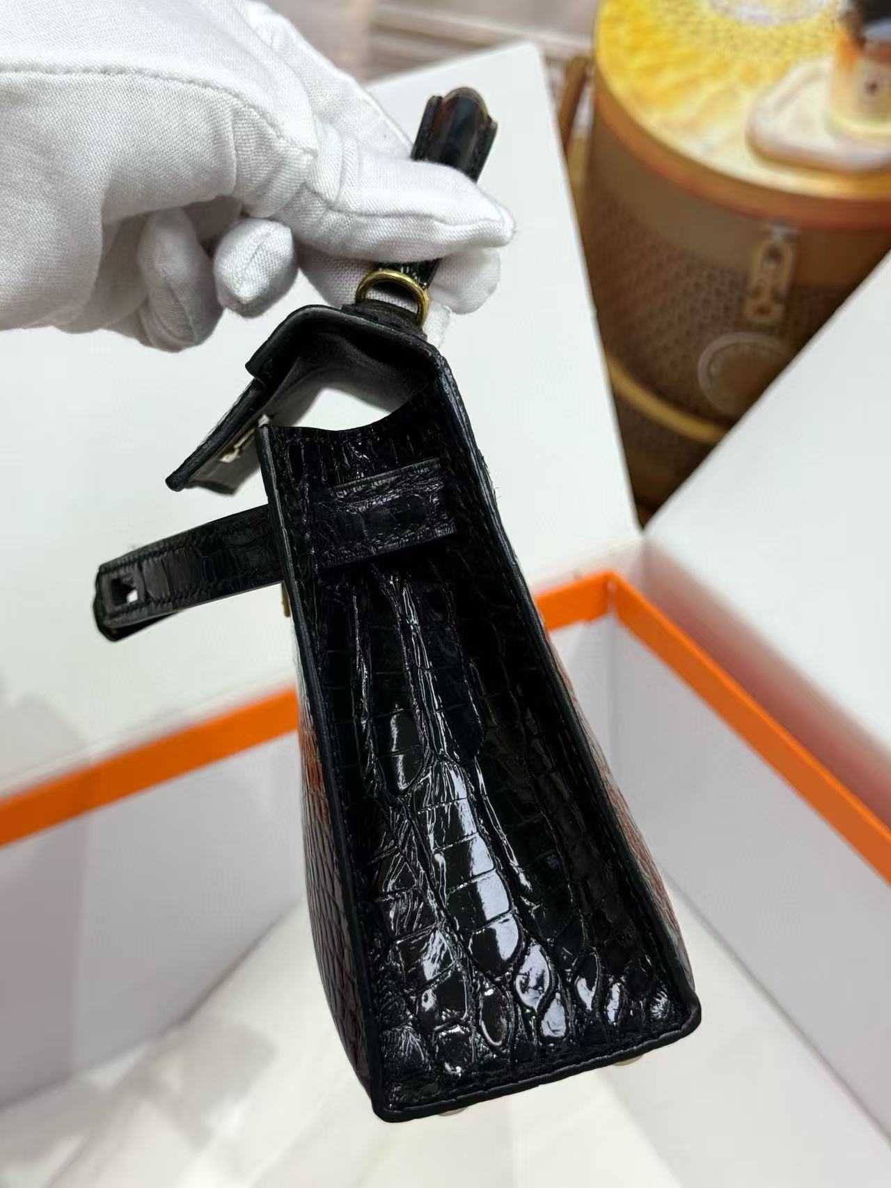 Hermès Kelly II Sellier Mini Black Shiny Crocodile Gold Hardware