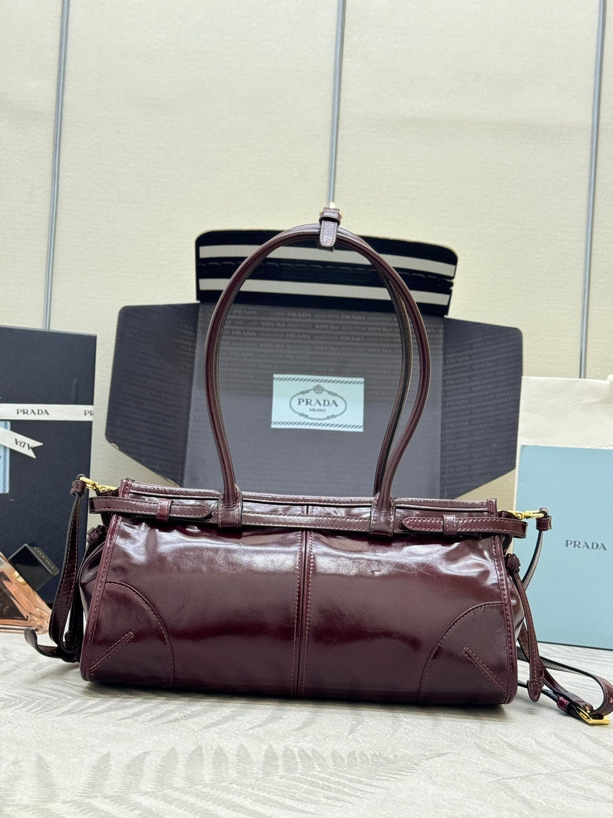Prada Bonnie 32cm Bag Burgundy Calfskin