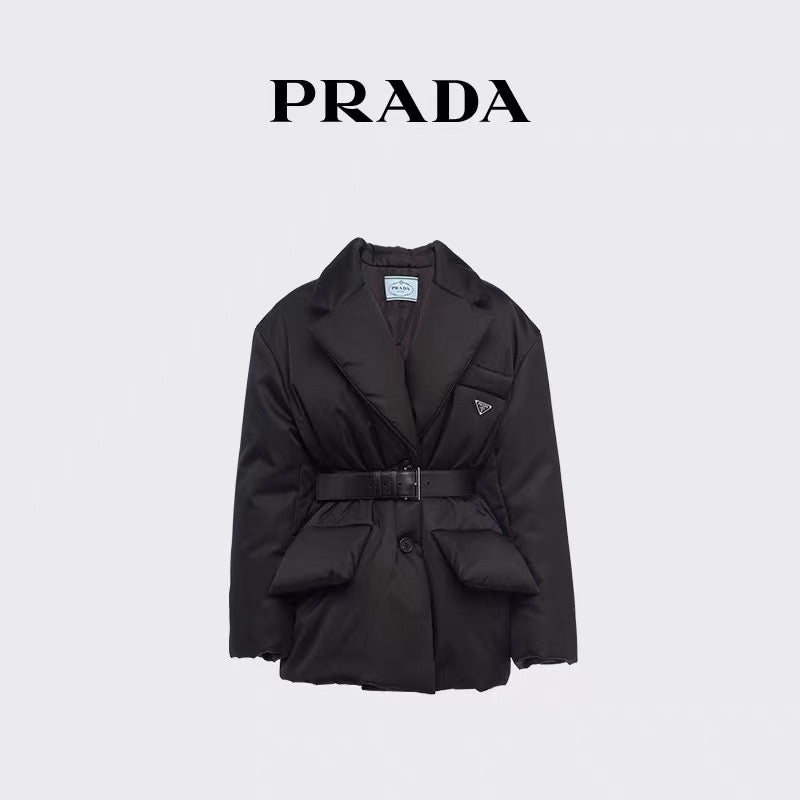 Prada 2025 Re-Nylon Down Jacket With Wide Lapels And A Belt