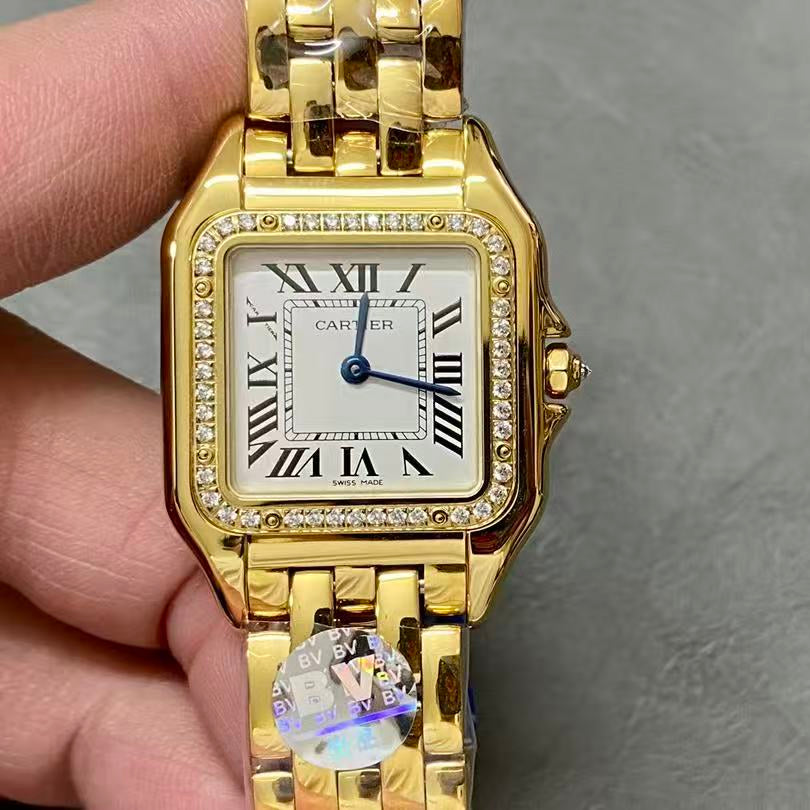 Cartier Panther 27mm Gold Case Diamond Bezel White Dial