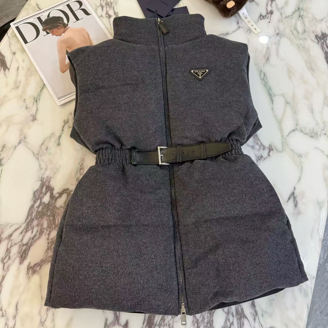 Prada 2025 Belted Down Vest Gray Wool